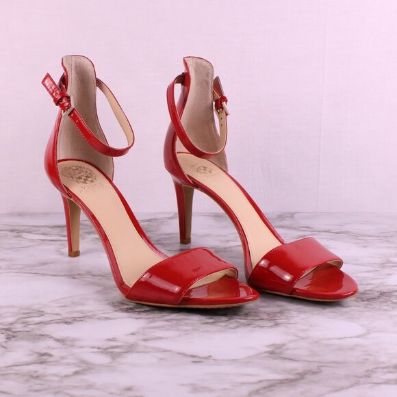 Vince Camuto Red Patent Leather Ankle Strap Heels Sandals Sz 9 Open Toe Stiletto - Picture 3 of 8